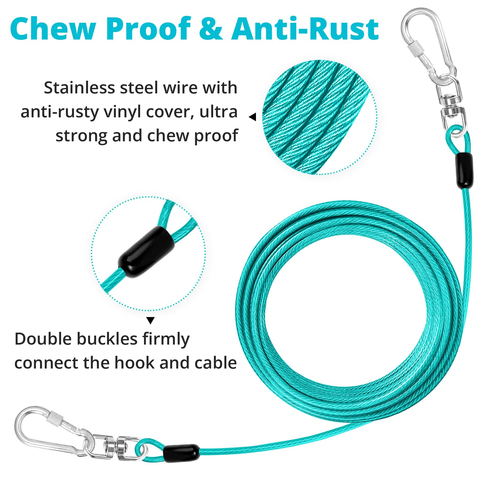 Jenico Dog Tie Out Cable: 50 Ft Dog Lead For Yard - Heavy Duty Chain Leash Outside For Small Large Dogs Up To 501 Lbs - Outdoor